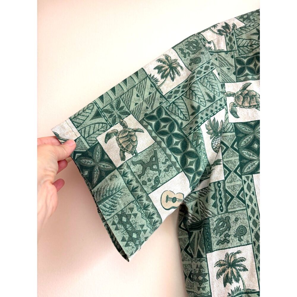 Islands Cotton Hawaiian Shirt Aloha Button Sage Green Patchwork S Vtg Retro Palm - Picture 4 of 7